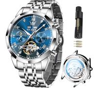 OLEVS Orologio da uomo automatico in acciaio inox da lavoro, scheletro, meccanico, impermeabile, luminoso, a carica automatica, lussuoso, con diamanti, orologio da uomo blu argento, silver blue men