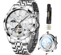 OLEVS Orologio da uomo automatico in acciaio inox da lavoro, scheletro, meccanico, impermeabile, luminoso, a carica automatica, lussuoso, con diamanti, tutti gli uomini d'argento guardano, all silver