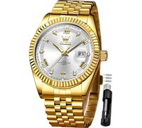 OLEVS Orologio da uomo in acciaio inox, al quarzo, da lavoro, con quadrante grande, impermeabile, con data, orologio da polso, G5680-oro bianco, G5680-gold white, orologio da uomo