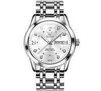 OLEVS Orologio da uomo, quadrante grande, in acciaio inox, con diamanti, analogico, al quarzo, con numeri romani, data, impermeabile, di lusso, luminoso, 5513-quadrante bianco/cinturino argento