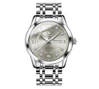 OLEVS Orologio da uomo, quadrante grande, in acciaio inox, con diamanti, analogico, al quarzo, con numeri romani, data, impermeabile, di lusso, luminoso, 5513-quadrante grigio/cinturino argento