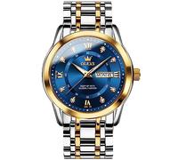 OLEVS Orologio da uomo, quadrante grande, in acciaio inox, con diamanti, analogico, al quarzo, con numeri romani, data, impermeabile, di lusso, luminoso, 5513-quadrante blu/cinturino argento oro