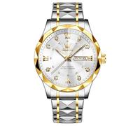 OLEVS Orologio da uomo, quadrante grande, in acciaio inox, con diamanti, analogico, al quarzo, con numeri romani, data, impermeabile, di lusso, luminoso, 5609-quadrante bianco/cinturino oro argento