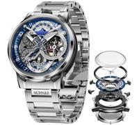 OLEVS Orologio da uomo quadrato di lusso automatico a carica automatica scheletro marrone traspirante cinturino in pelle vestito multi-calendario impermeabile fasi lunari elegante regalo adatto, 3278