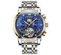 OLEVS Reloj mecánico automático de lujo para hombre, resistente al agua, con fase lunar, fecha, acero inoxidable, luminoso, Tourbillon, reloj de pulsera para hombres, Caja dorada y esfera azul,