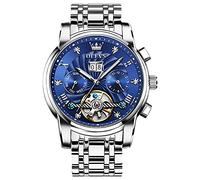 OLEVS Reloj mecánico automático de lujo para hombre, resistente al agua, con fase lunar, fecha, acero inoxidable, luminoso, Tourbillon, reloj de pulsera para hombres, Caja plateada y esfera azul,
