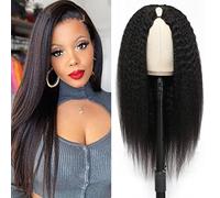 OLFORY Parrucca di capelli umani vergini con parte a V, per donne nere, capelli lisci crespi, parte a U, mezza parrucca con clip, forma a V (76,2 cm)