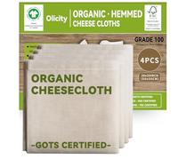 Olicity Garza Alimentare Biologica, Certificata GOTS, 4PZ, 50x50cm, Panno Biologico Filtrare Riutilizzabile, Cotone Organico per Succo, Burro, Cucina