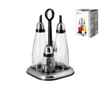 Home Set Oliera con Stand/Tappo Cromato, Vetro, Trasparente, 4 Pezzi