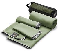 OlimpiaFit - Set di 3 asciugamani in microfibra, ad asciugatura rapida, leggeri e compatti, con borsa in rete, per il campeggio, lo sport e la spiaggia (cachi)