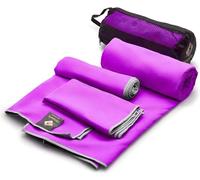 OlimpiaFit - Set di 3 asciugamani in microfibra, ad asciugatura rapida, leggeri e compatti, con borsa in rete, per il campeggio, lo sport e la spiaggia (viola)