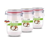 Olio di cocco biologico MeaVita, nativo, confezione da 3 (3 x 1000 ml) in un barattolo da stiro