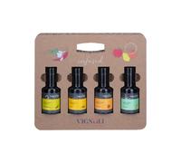 Olio extravergine di oliva, cofanetto regalo Vignoli, olio aromatizzato, basilico, mandarino, peperoncino, limone, 4 bottiglie da 100 ml