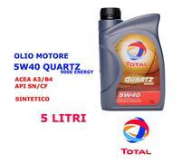 OLIO MOTORE AUTO BENZINA DIESEL 5 LT 5W40 TOTAL QUARTZ 9000 ENERGY ACEA A3/B4