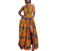 OLIPHEE Vestito Lungo Senza Maniche Stile Siciliano Disegno di Croce Dietro con Stampa Etnica per Donna e Ragazze Mosaico Arancio XL