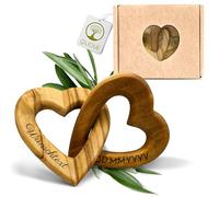 OLIQUE Cuori in legno personalizzati, legno d'ulivo - Cuori collegati con incisione come regalo personalizzato (8 cm)