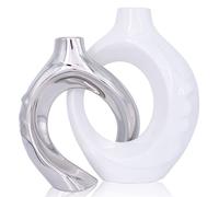 oliruim Set di 2 vasi a ciambella rotondi in ceramica bianca e argento, vasi dal design moderno e unico per il centrotavola del tavolo da pranzo della libreria del soggiorno (Bianco+argento)