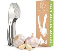 Oliver's Kitchen Schiaccia Aglio e Spremiaglio + Sbuccia Aglio Incluso | Include sbuccia aglio in silicone e spazzolino per la pulizia. Schiaccia spicchi interi con la buccia. Va in lavastoviglie.