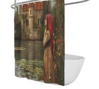 OLLIAR Home Tende doccia rustica Cottagecore Ragazza di campagna da fiaba che indossa una sciarpa rossa Castello Riverside Box Tende da bagno da campo in tessuto impermeabile in poliestere 90x180cm