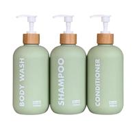 OLLIES Dispenser per shampoo e balsamo, dispenser di sapone da doccia per bagno, set da 3 con etichetta permanente elegante, 500 ml, bottiglie ricaricabili per shampoo e balsamo, verde