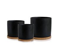 Olly & Rose Set di 3 vasi per piante in ceramica con sottobicchieri in bambù per interni, vaso bianco, vasi da fiori in ceramica per esterni, grandi, medi, piccoli con piattini