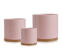 Olly & Rose Set di 3 vasi per piante in ceramica con sottobicchieri in bambù, rosa pastello, vasi da fiori in ceramica, contenitori per esterni grandi, medi, piccoli con piattini