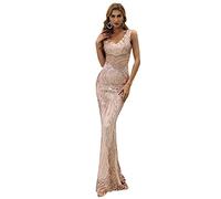 OLSKFUH Abito da Sera da Donna, Elegante, Sexy, Senza Maniche, con Scollo A V, A Sirena, Aderente, da Cocktail, da Ballo, da Sposa,Gold-XL