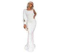 OLSKFUH Abito da Sera da Donna, Monospalla, Manica Lunga, Abiti da Cocktail, Sexy, Paillettes, Attillato, Avvolgente, Festa, Formale, Abiti Lunghi,White-L