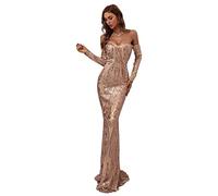 OLSKFUH Abito da Sera da Donna Sexy Monospalla Manica Lunga Vintage Sirena Abiti Aderenti Lucidi Notte Festa Club Cocktail Abiti,Gold-M