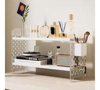 OLSKFUH Organizzatore Da Scrivania Regolabile, Libreria Da Scrivania A 2 Livelli, Postazione Di Lavoro Con Pannello Forato Estensibile Per Scrivania, Scaffale Portaoggetti,Bianco-60x20x36cm