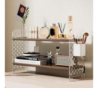 OLSKFUH Organizzatore Da Scrivania Regolabile, Libreria Da Scrivania A 2 Livelli, Postazione Di Lavoro Con Pannello Forato Estensibile Per Scrivania, Scaffale Portaoggetti,Brown-60x20x36cm