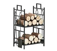 OLSKFUH Portalegna con Set di Attrezzi per Camino, Portalegna Resistente, Attizzatoio, Pala, Pinze, Spazzola, 5 Utensili, Grande Braciere per Interni Ed Esterni, Supporto in Ferro per Legna