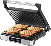 Olvy Grill digitale a contatto con piastre antiaderenti, macchina per panini 3 in 1, griglia aperta a 180°, temperatura regolabile, timer, ampia area di cottura, manico Cool-Touch, rivestimento senza