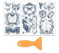 OLYCRAFT 3 pz/Set Blu retrò Strofinare sui Trasferimenti per Mobili e Artigianato 15x30cm Farfalla Mobili Adesivi Floreali Trasferimento Adesivi Strofinare sui Decalcomanie con 1 Pezzi Raschietto