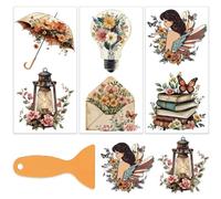 OLYCRAFT 3 pz/Set Flower Book Transfers per Mobili e Artigianato 15x30cm Floral Umbrella Furniture Decals Transfer Stickers Strofinare su Decalcomania con 1 pz Raschietto per Finestra In Legno