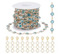 OLYCRAFT 5m Catena di Gioielli con Strass di Cristallo Blu con Catena In Ottone Placcato Oro Catene A Maglie Rotonde Piatte In Vetro Cristallo Azzurro per La Creazione di Gioielli Fai Da Te