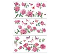 OLYCRAFT Set di 3 pezzi di decalcomanie a rose per sfregamenti per mobili e artigianato 30x15 cm Grande rosa con decorazione a farfalla Adesivi transfer con fiori per sfregamenti