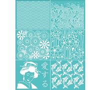 OLYCRAFT Stencil per serigrafia stile tradizionale giapponese, autoadesivo, Onde del mare Koi Amore Fiore ciliegio, tema orientale rete, per serigrafia pittura su legno magliette borse 28 x 22 cm