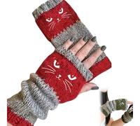 OLYGEE Cat Fingerless Gloves Women, Cozy & Soft Knit Fabric Fingerless Cat Gloves for Winter (red)