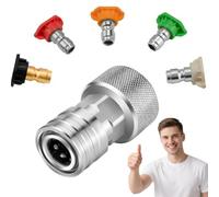 OLYGEE Garden Hose to Pressure Washer Adapter, Stainless Steel 3/4 GHT to 1/4" Quick Connect, Leak-Proof Mini Power Washer Attachment for Car, Patio, Furniture Cleaning with 5-in-1 Nozzle Set