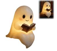 OLYGEE Glow Spirit Ghost Lamp, Cute Ghost Reading Book Lamp, New Halloween Light Up Statue Night Light with Smile, Warm Lighted Indoor Figurine LED Lamps for Bedroom, Living Room (1pcs*8.6")