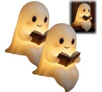 OLYGEE Glow Spirit Ghost Lamp, Cute Ghost Reading Book Lamp, New Halloween Light Up Statue Night Light with Smile, Warm Lighted Indoor Figurine LED Lamps for Bedroom, Living Room (2pcs*6")
