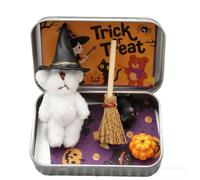 OLYGEE Halloween Teddy Bear in a Box for Trick or Treat, Mini Witch Bear in Box with Wizard Hat Broom Pumpkin & Cat Decor (White)