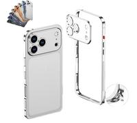 OLYGEE Phone Case for iPhone 17 Ultra-Thin Metal Frame Heat Dissipation Case Seahorse Buckle Design with Lens Protector Detachable Metal Lens Cap (17 Pro,Silver)