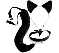 OLYPHAN Orecchie da gatto e coda accessori per costume soffice fascia per orecchie clip per orecchie fascia pelosa nera coda lunga/girocollo costumi cosplay Halloween set orecchie animali clip per