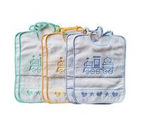 OM DOLCE CASA Bavaglini trenino o vari disegni con elastico, cotone, da bambino, inserto in tela aida ideali per asilo nido e scuola materna +1 asciugamano in omaggio