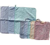 OM DOLCE CASA Set 5 bavaglini + 3 salviette asciugamani jacquard con elastico bambino 5 bavaglie colori blu azzurro giallo rosso set asilo nido scuola materna (Bimbo)