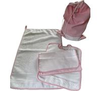 OM DOLCE CASA Set asilo 4 pezzi sacca + bavaglia + salvietta + omaggio porta bavaglia colore Azzurro verde giallo rosso blu in cotone (Rosa)