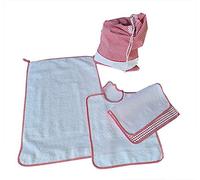OM DOLCE CASA Set asilo 4 pezzi sacca + bavaglia + salvietta + omaggio porta bavaglia colore Azzurro verde giallo rosso blu in cotone (ROSSO CON RICAMO)
