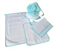OM DOLCE CASA Set asilo 4 pezzi sacca + bavaglia + salvietta + omaggio porta bavaglia colore Azzurro verde giallo rosso blu in cotone (VERDE RICAMATO)